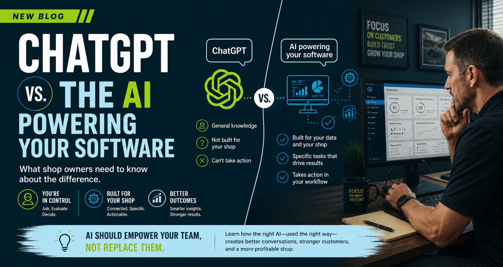 ChatGPT vs. AI powering your software banner with developer at desk and code on dark screen