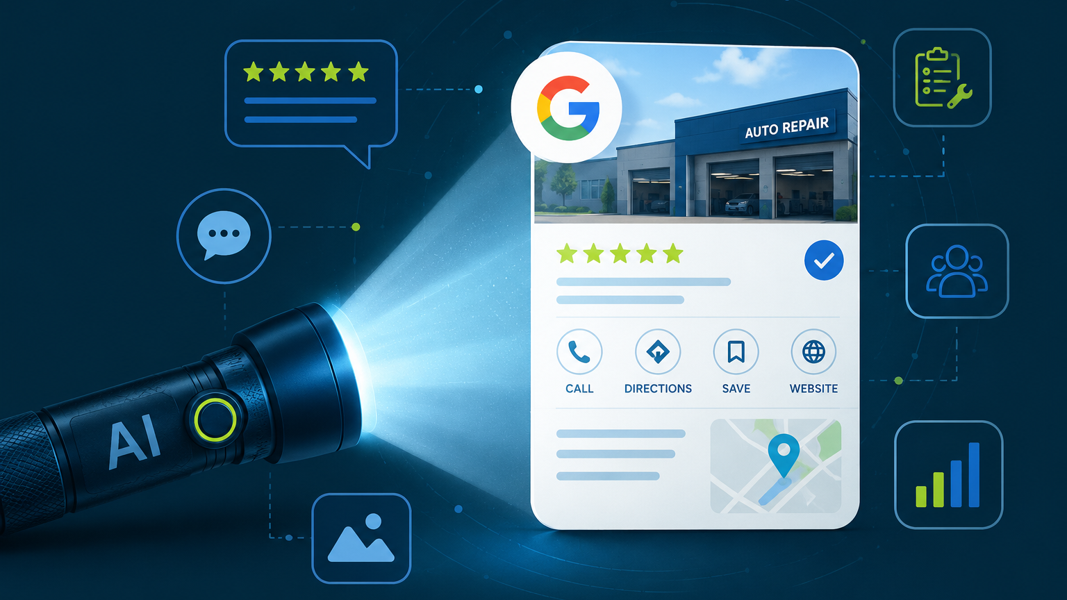 AI-powered flashlight shining on a Google business profile card with review and analytics icons