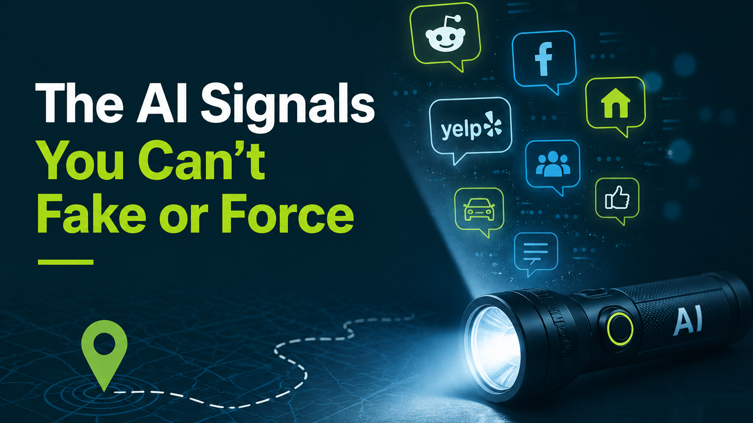 Graphic about “AI Signals You Can’t Fake or Force” with glowing social icons and a flashlight on dark blue background