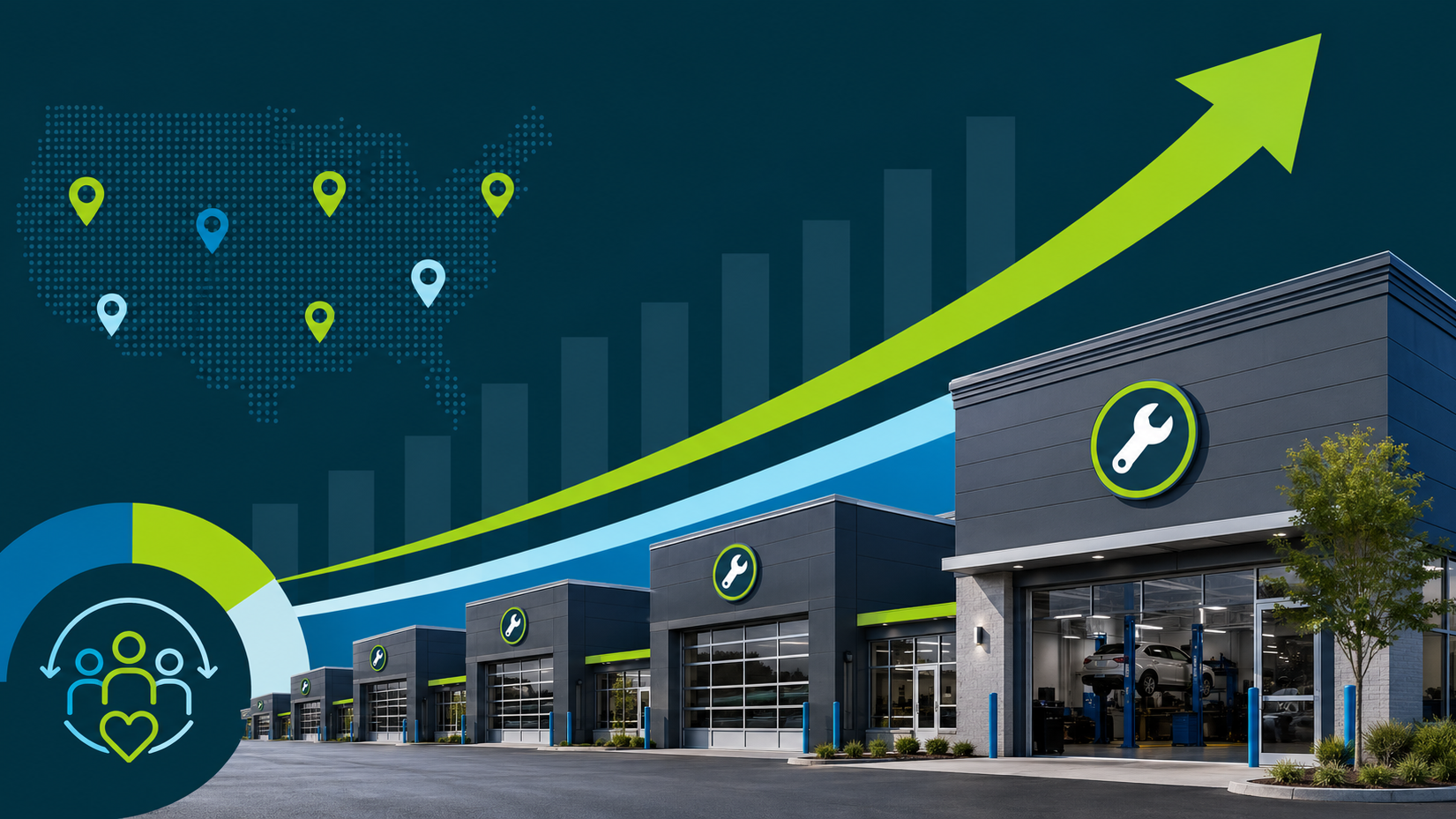 Futuristic storefronts under a rising green arrow, with location pins and analytics icons on a blue background