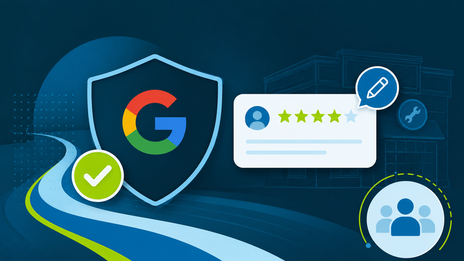 Google review shield with rating card and user icons on a blue background
