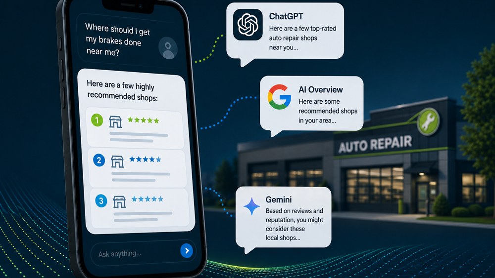 Smartphone and Google review bubbles beside a lit auto repair shop at night