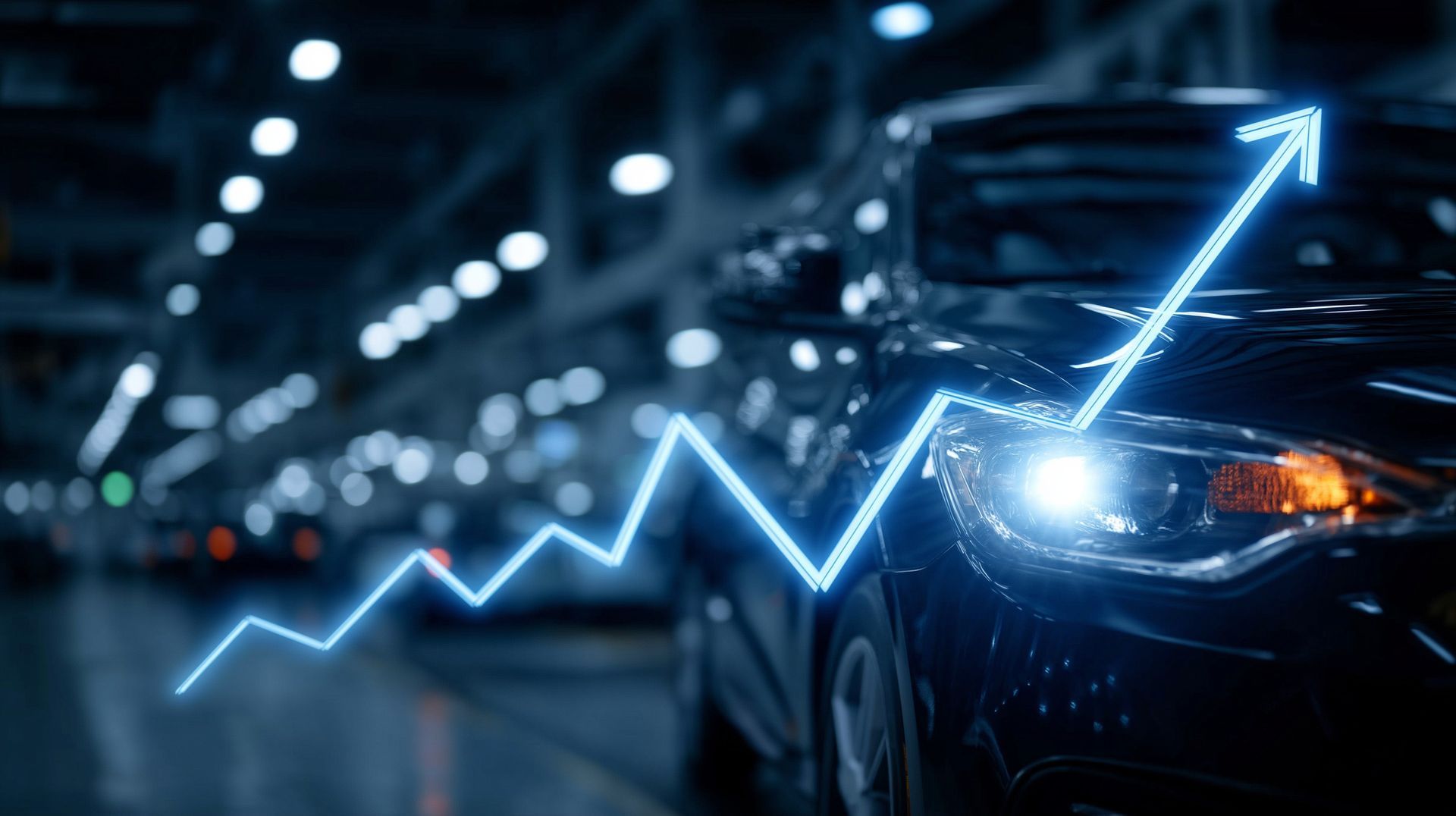 A black car with a rising blue graph superimposed, in a factory setting.