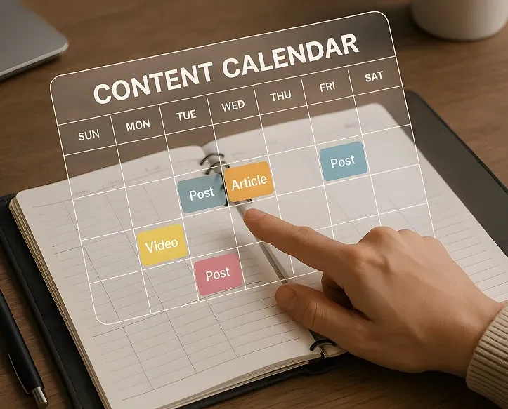 Up close to hand about to tap on content calendar display in front of planner | KUKUI