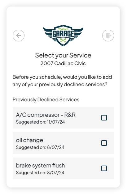 A screenshot of a website that says select your service 2007 cadillac civic