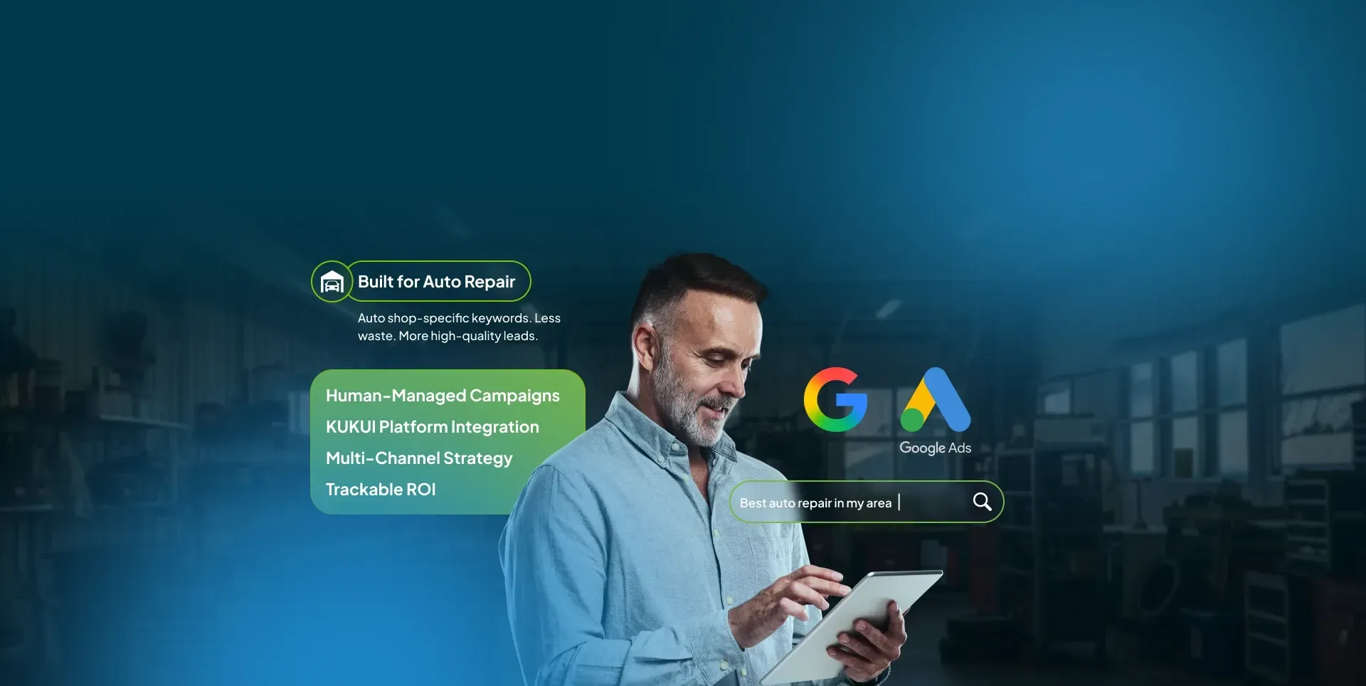 Man using tablet for searching Best auto repair in my area with Google Logo and Google Ads Logo | KUKUI