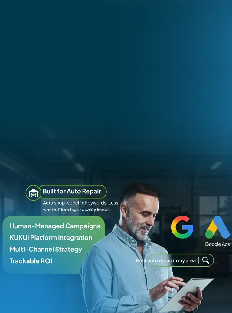 Man using tablet for searching Best auto repair in my area with Google Logo and Google Ads Logo | KUKUI