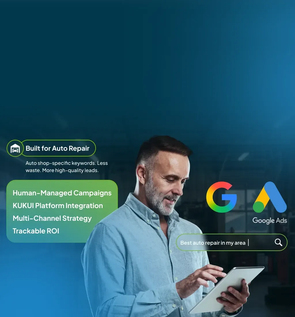 Man using tablet for searching Best auto repair in my area with Google Logo and Google Ads Logo | KUKUI