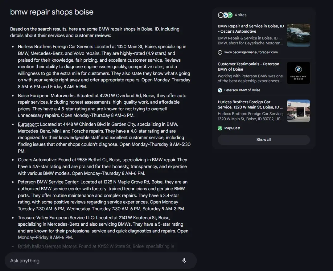 Screenshot of Google AI results for “bmw repair shops boise,” showing a list of local auto repair businesses with AI-generated descriptions that emphasize review-based attributes like affordability, honesty, and expertise with BMWs.