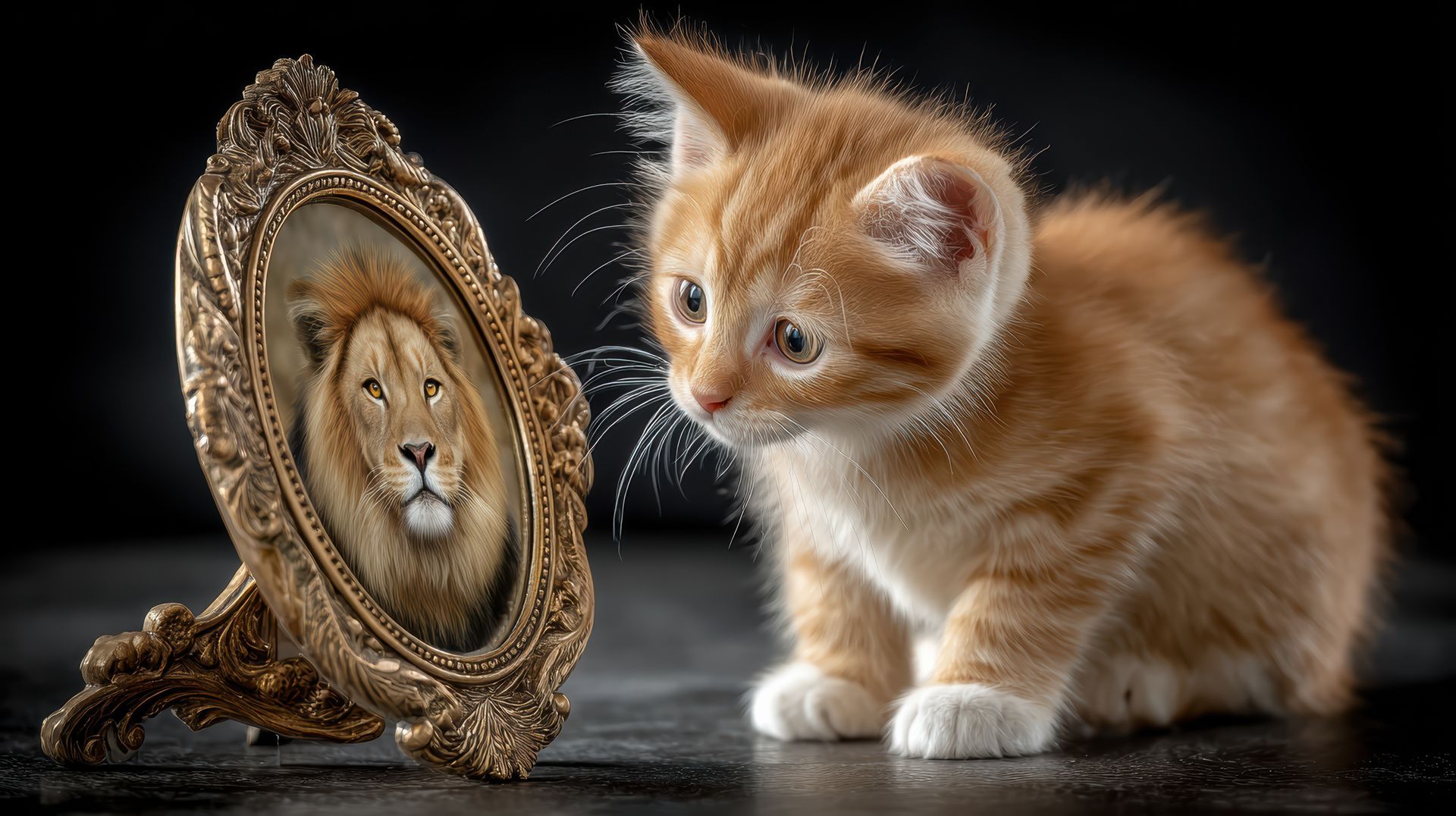 Small, orange kitten looking at a picture frame of a lion | KUKUI
