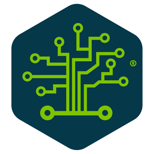 A blue hexagon with a green circuit board inside of it.