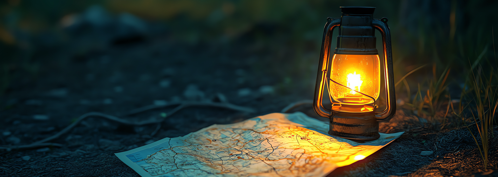 Map and lantern shining brightly outside, set down on the ground | KUKUI
