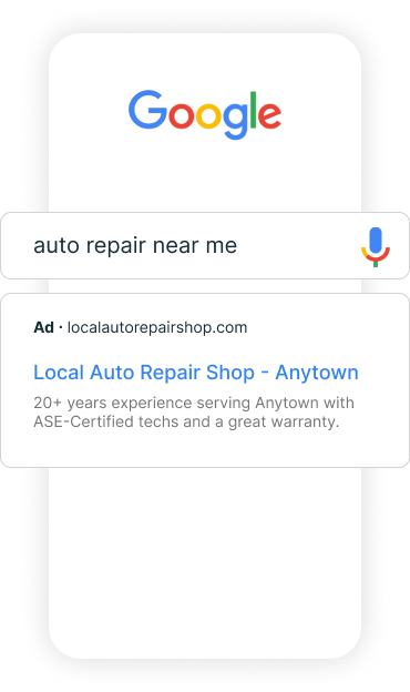 A google search for auto repair near me on a cell phone