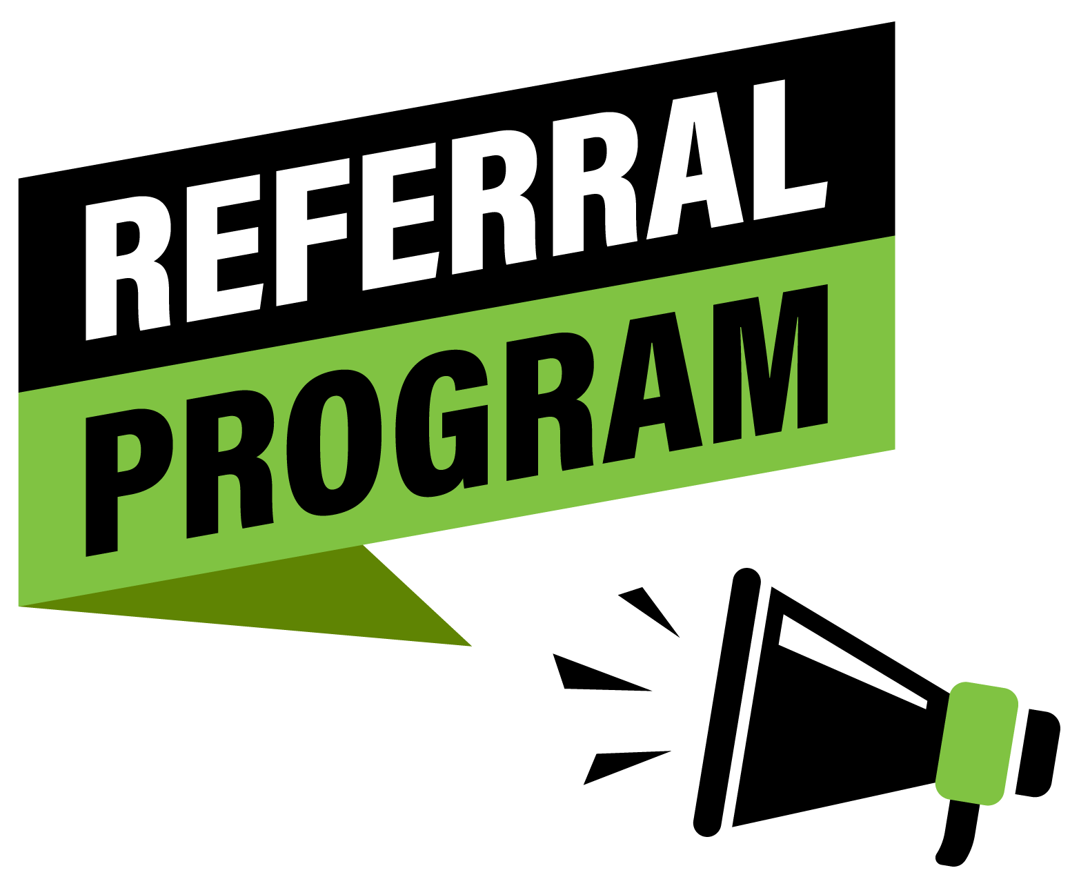 A green and black referral program logo with a megaphone.