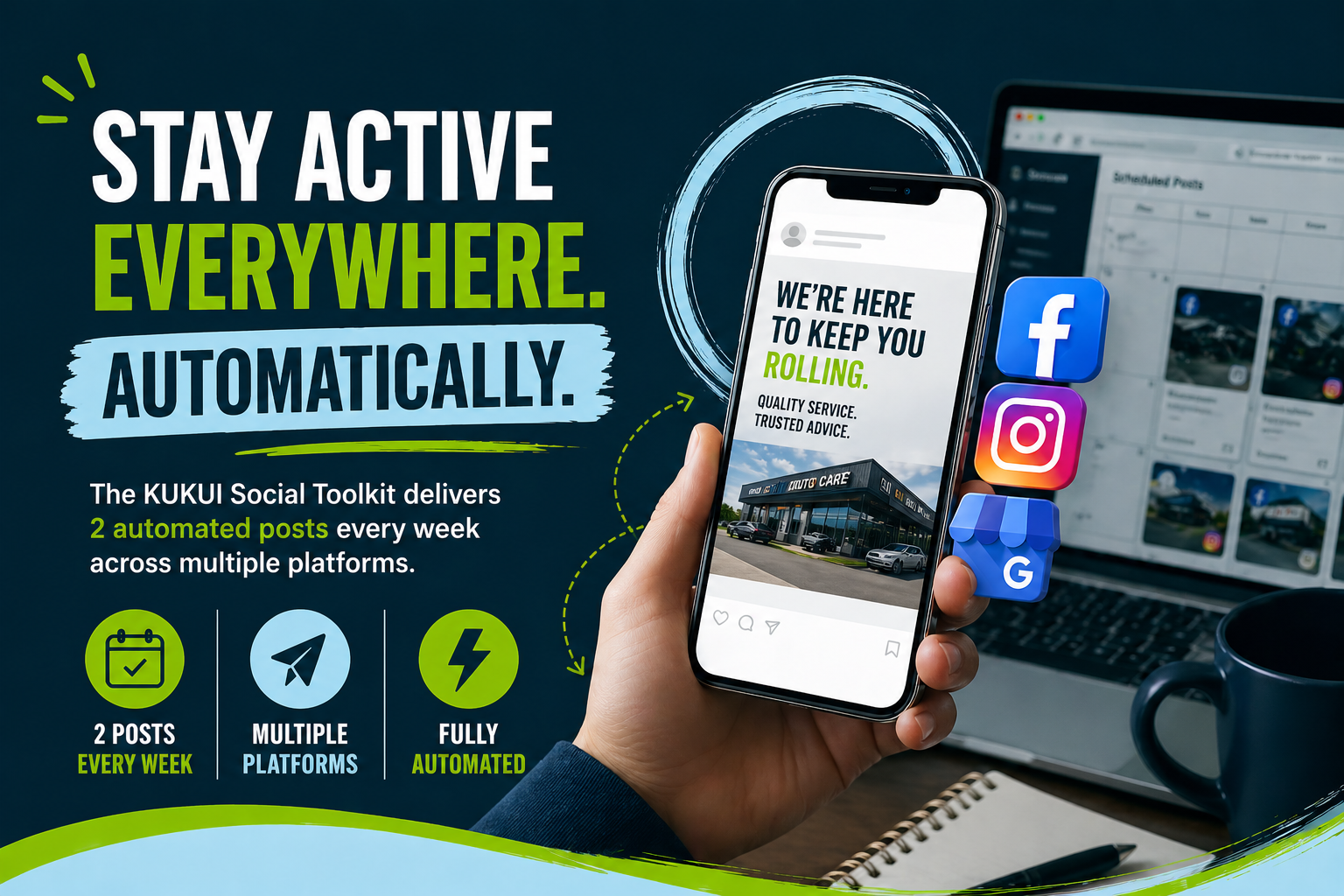 Promotional graphic of a hand holding a phone beside a laptop, with text “Stay active everywhere, automatically.”