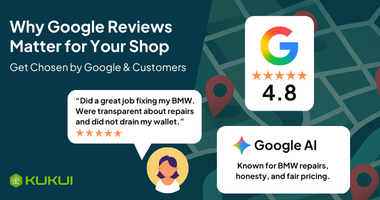 Thumbnail showing Google rating, AI summary, and review for an auto repair shop.