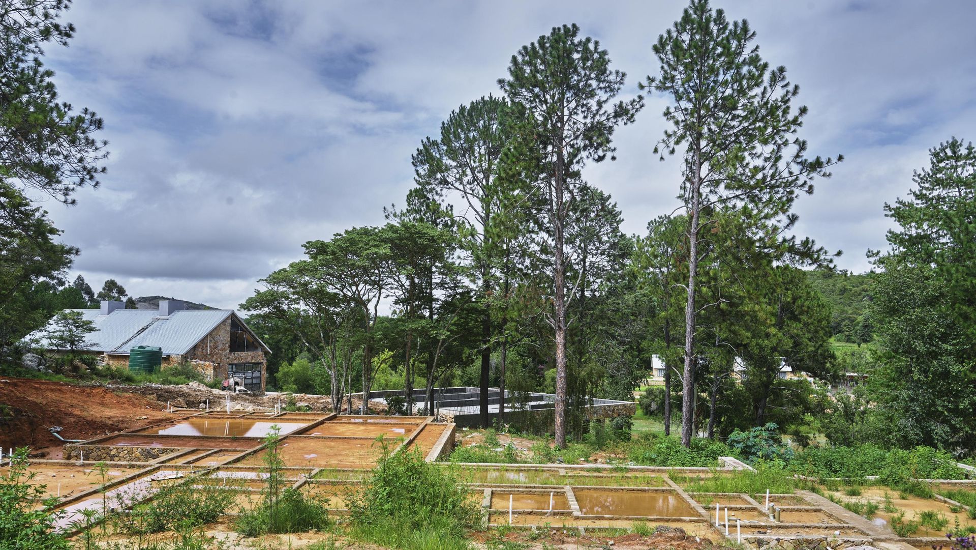 A building is being built in the middle of a field surrounded by trees.