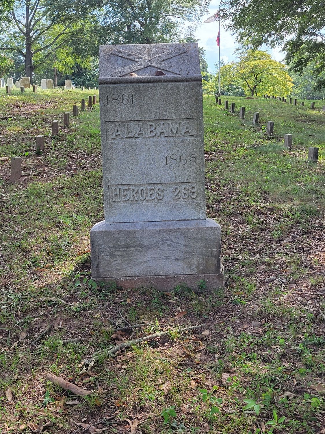 A gravestone in a cemetery with a flag in the background.