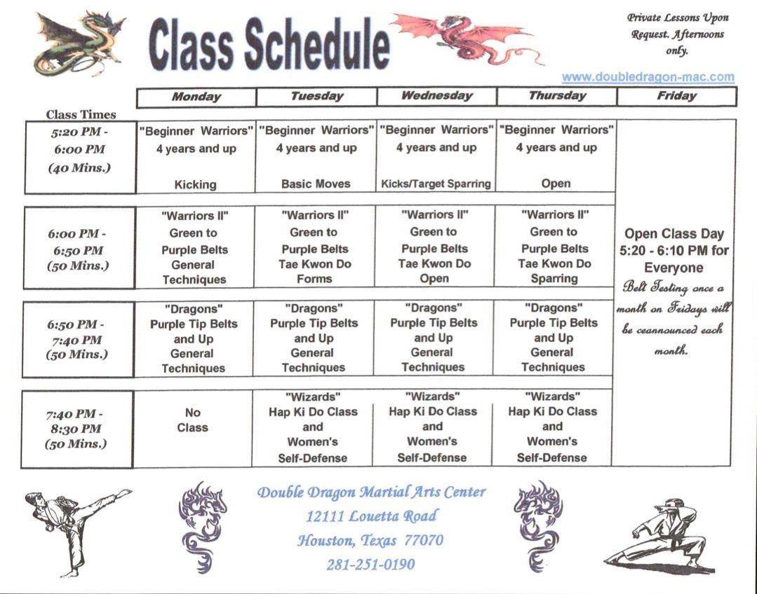 A class schedule with a dragon on it