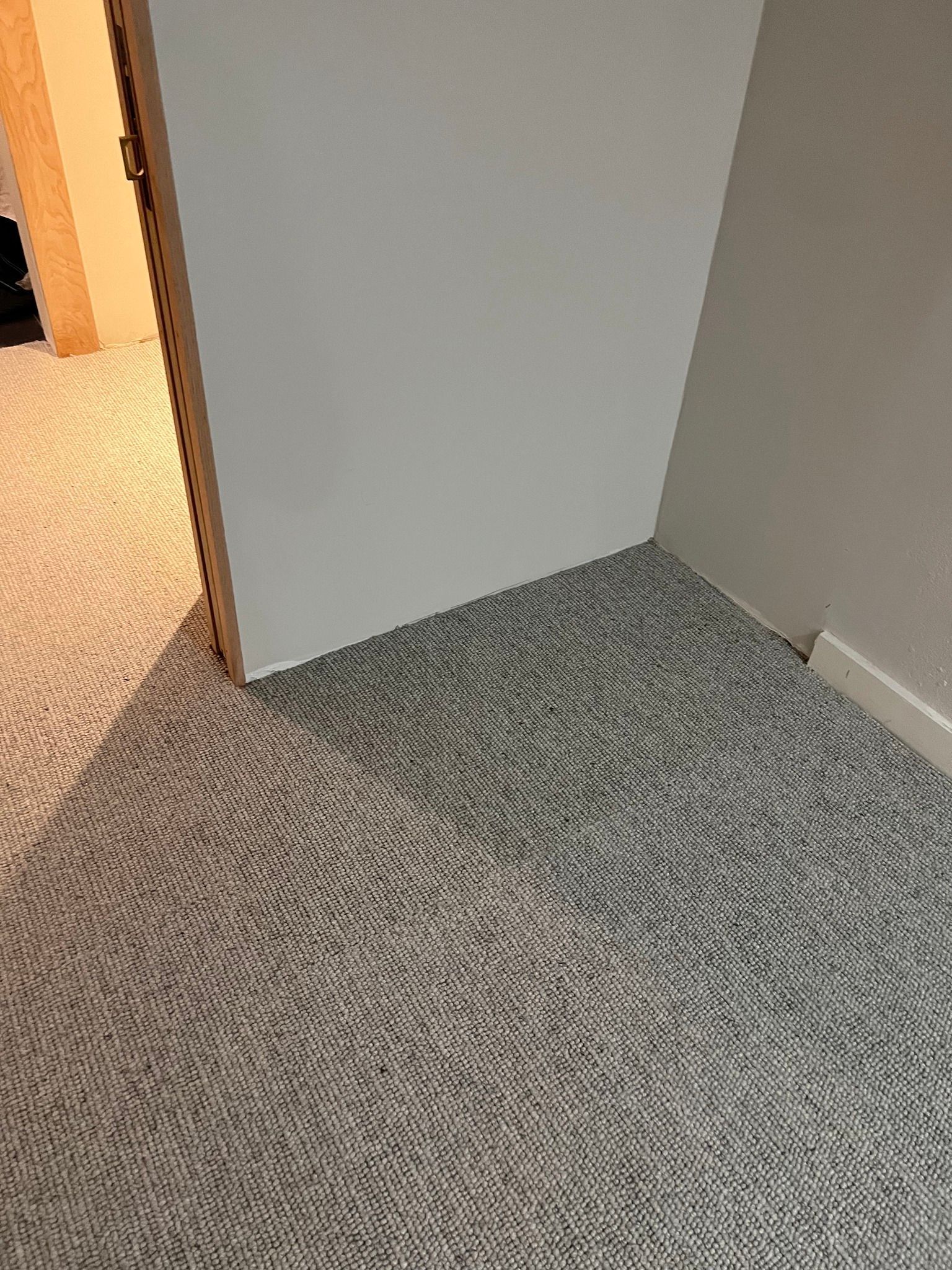 Doorway opening onto gray patterned carpeted floor.