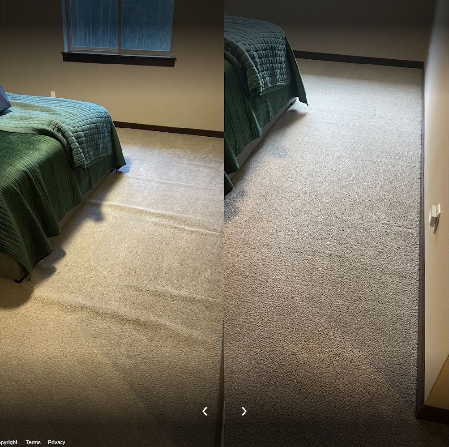 Two views of a bedroom, light-colored carpet, green bedspread, a window, and beige walls.