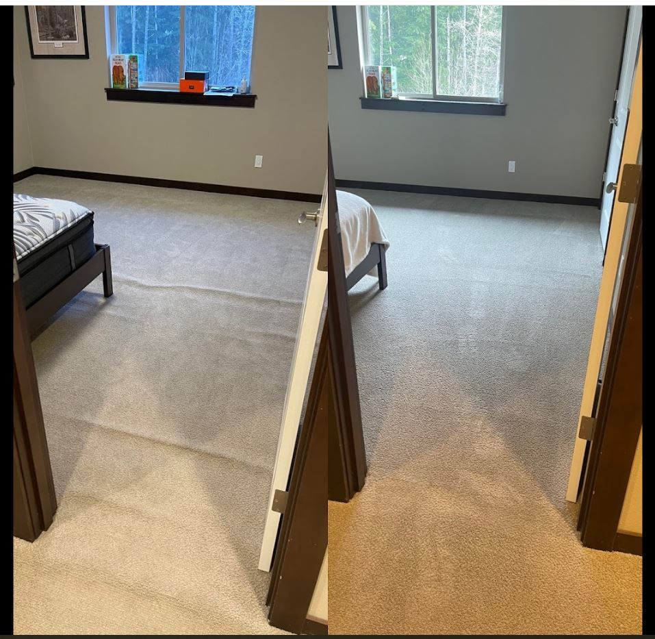 Before-and-after of a carpeted bedroom; the left side has ripples, the right is smooth, after carpet repair.