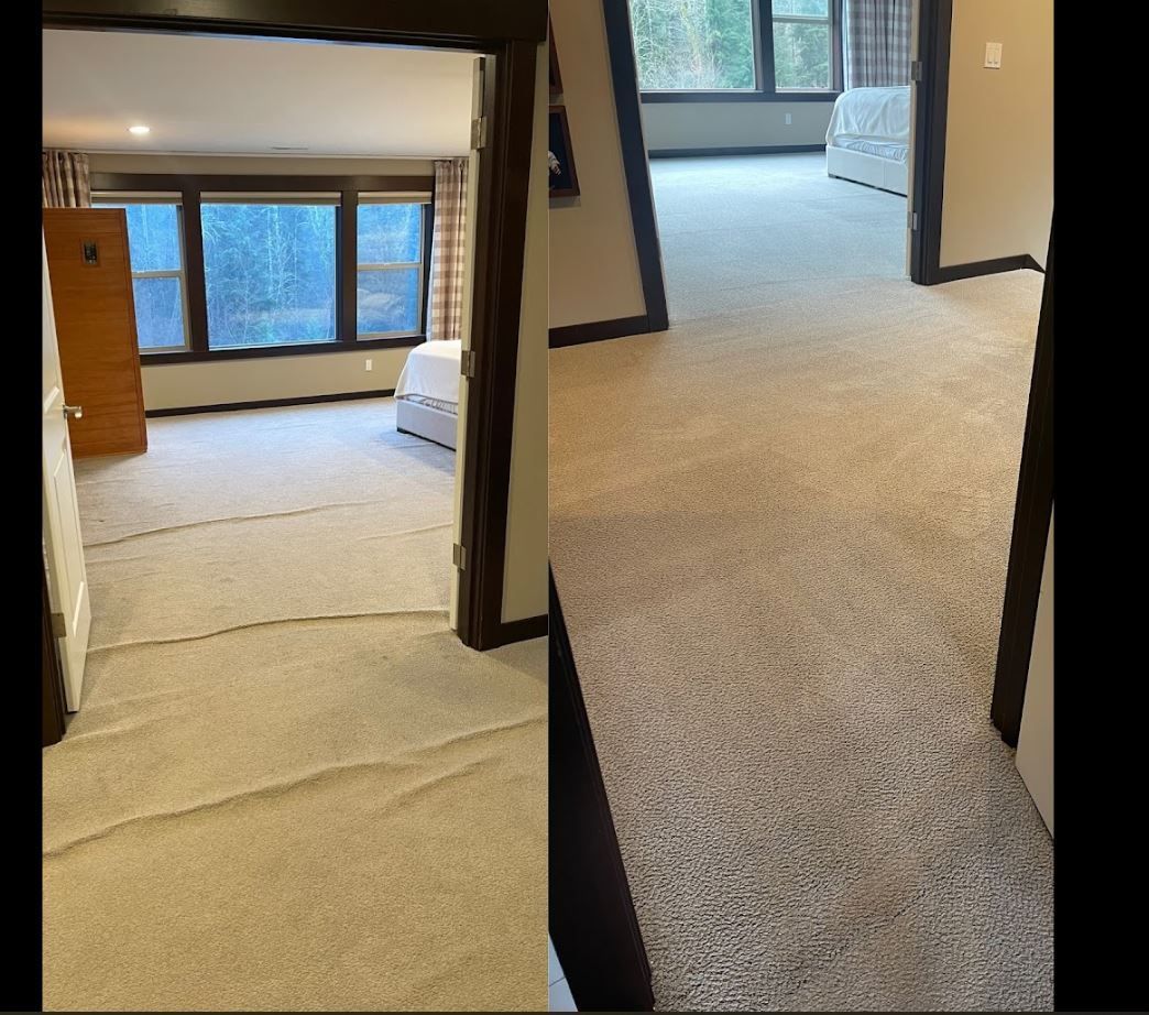Two views of a bedroom, showing carpeted floors, doorway and windows, neutral colors.