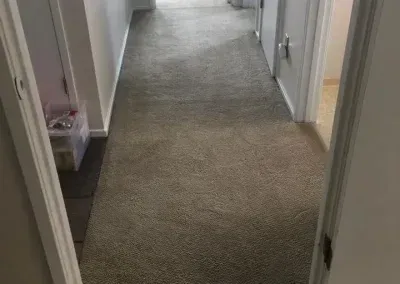 Hallway with gray carpet, white doors and walls.