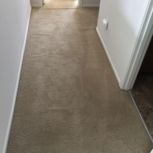 Beige carpeted hallway with white walls and a doorway on the right.