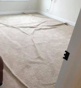 Wrinkled beige carpet in an empty room, possibly needing stretching or repair.