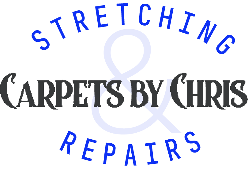 Logo: "Stretching & Repairs" above "Carpets by Chris", with light blue and gray text.