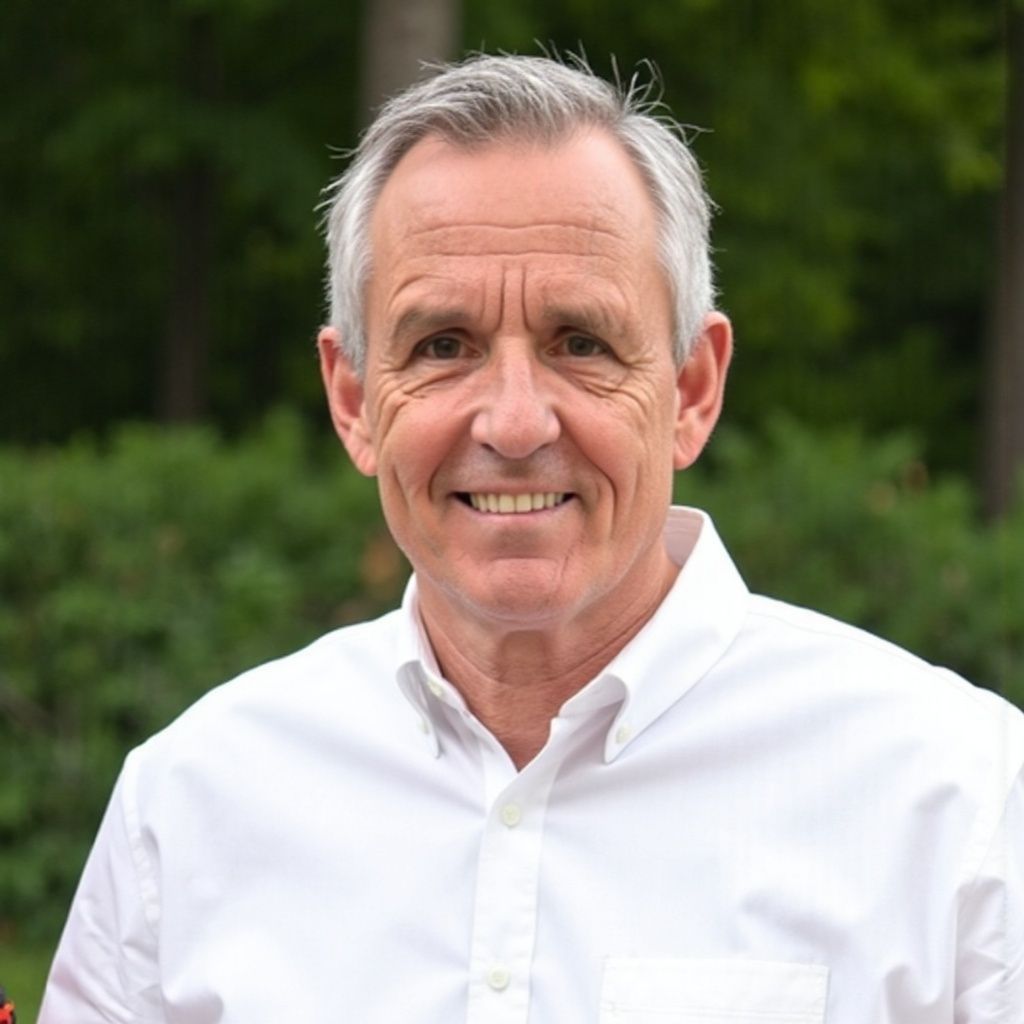 Man with gray hair smiling, wearing a white shirt; outdoors with greenery in the background.
