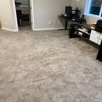Light brown carpet in a room with a desk, shelves, and a doorway.
