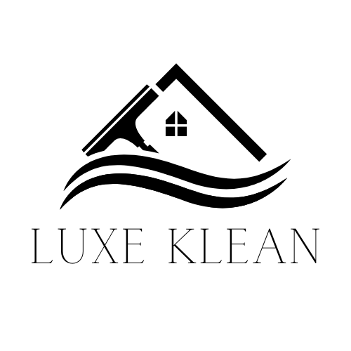 Logo for Luxe Klean cleaning service. Features a stylized house with a squeegee above the roof and two wavy lines below, with the company name.