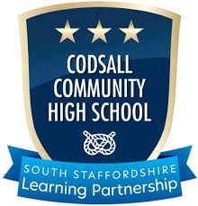 Blue and gold school emblem: Codsall Community High School, South Staffordshire Learning Partnership.