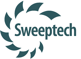 Sweeptech logo: dark teal abstract swirl around the company name in the same color.