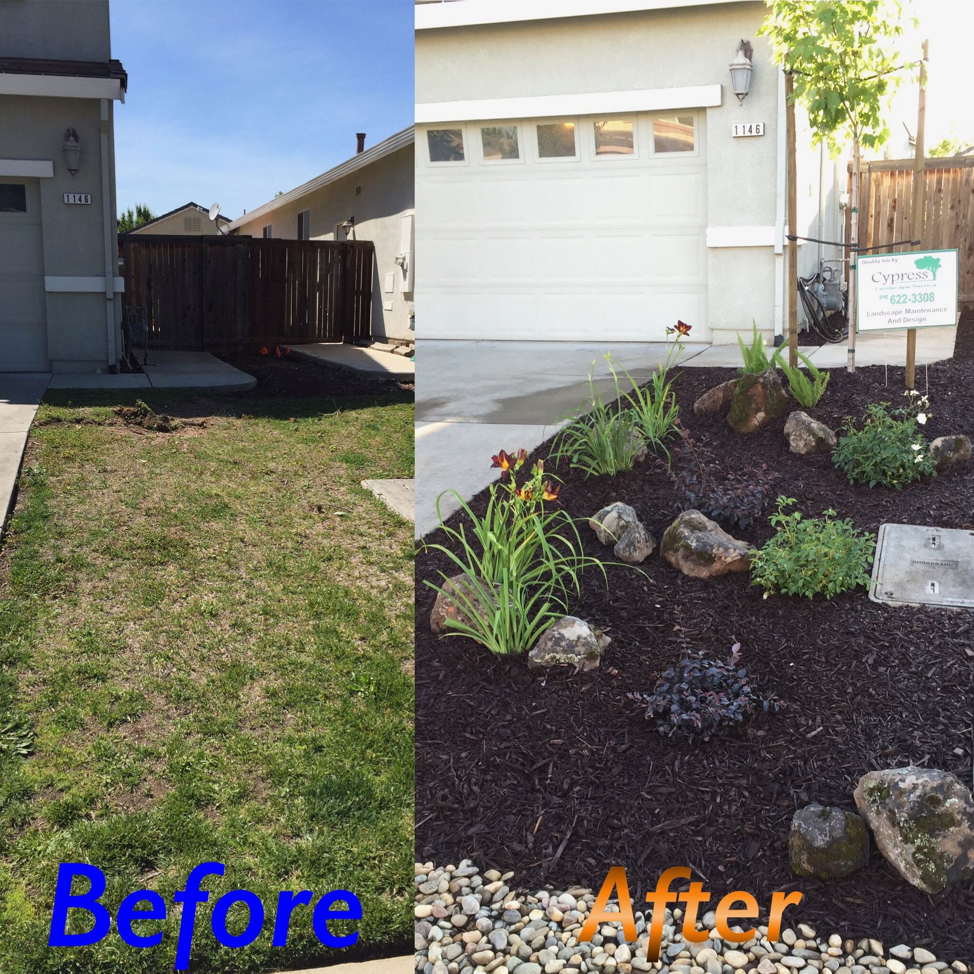 A before and after picture of a yard with the words before and after