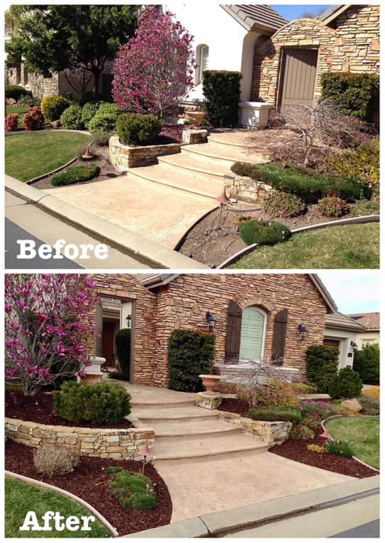 A before and after picture of a house with a walkway