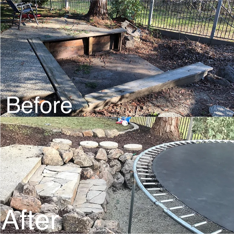 A before and after photo of a backyard with a trampoline.