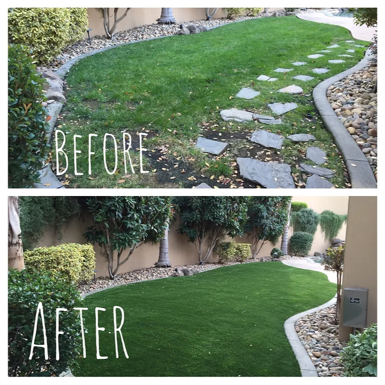 A before and after picture of a lush green lawn