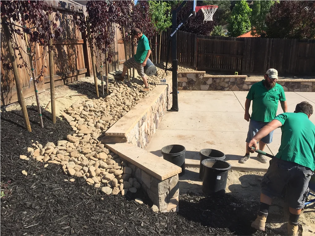 A group of men are working on a landscaping project in a backyard.