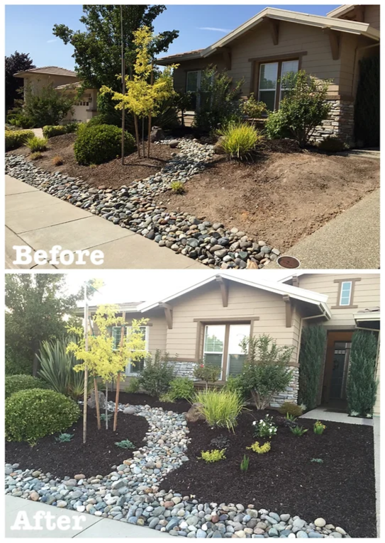 A before and after picture of a house 's front yard