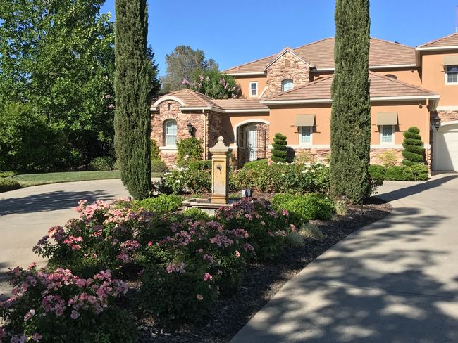 A large house with a lot of flowers in front of it