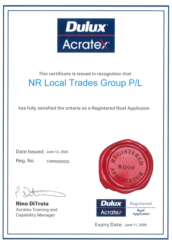 A certificate from dulux acratex for nr local trades group p / l