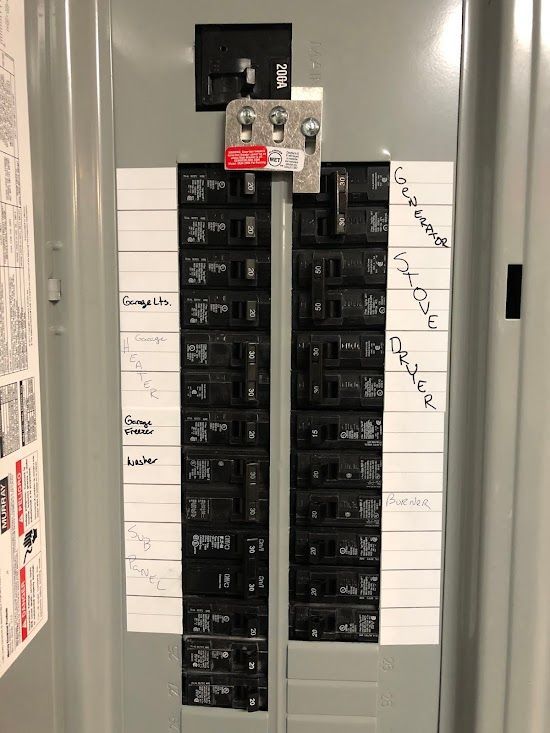 A close up of a electrical panel with labels on it