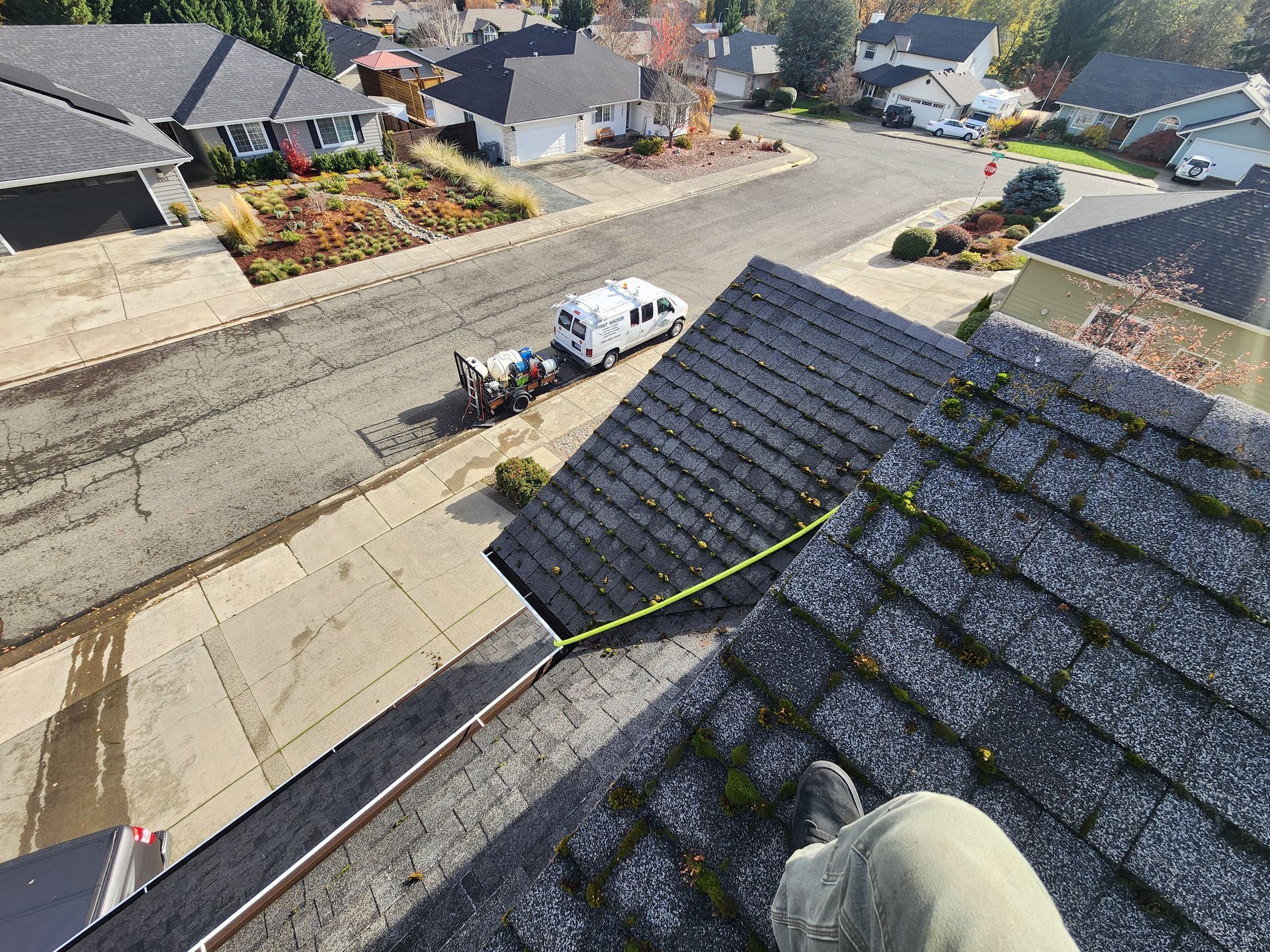 Person on a roof with green moss. Workers unload equipment next to a van on the street. Residential neighborhood.
