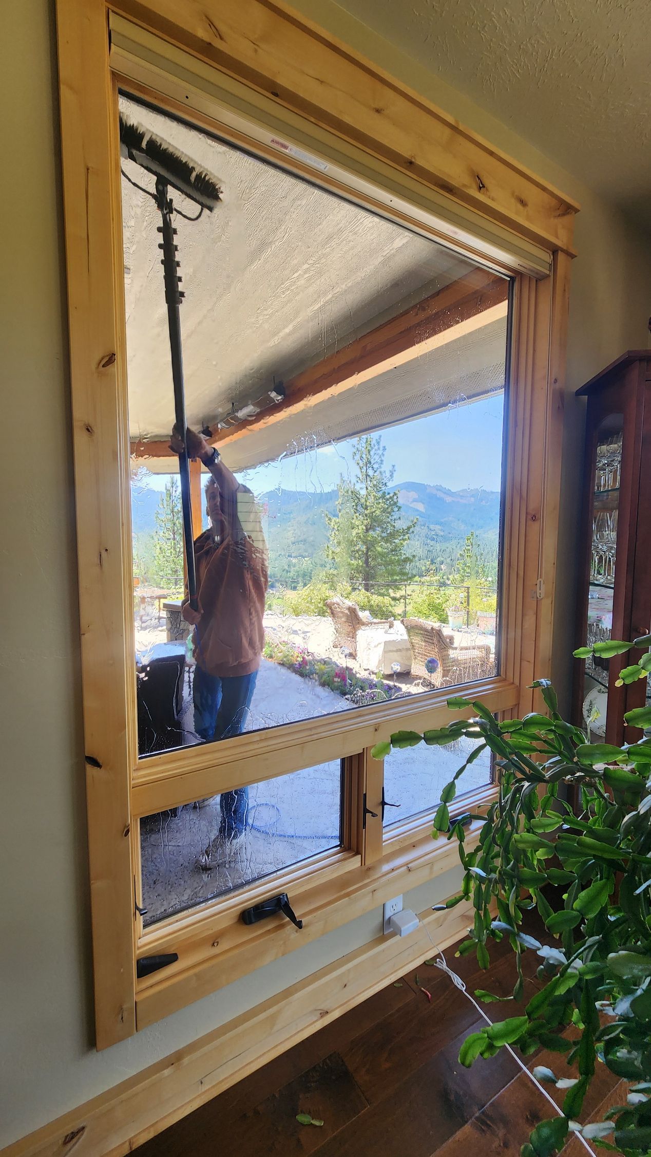 Person cleaning a large window with a long-handled squeegee. Exterior view of trees and mountains.