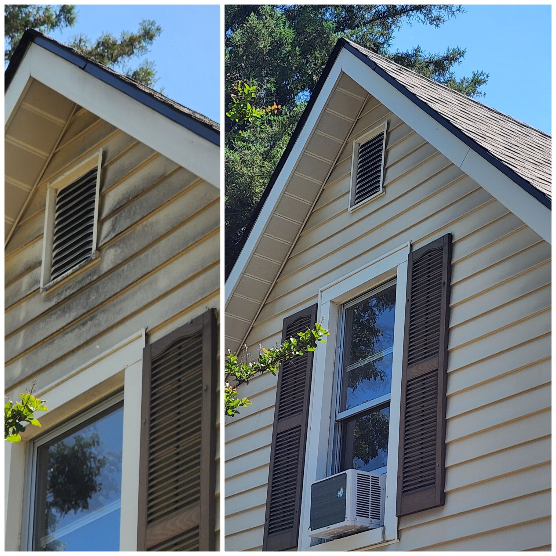 Before-and-after of a house exterior, showing the cleaning of siding, trim, and shutters.