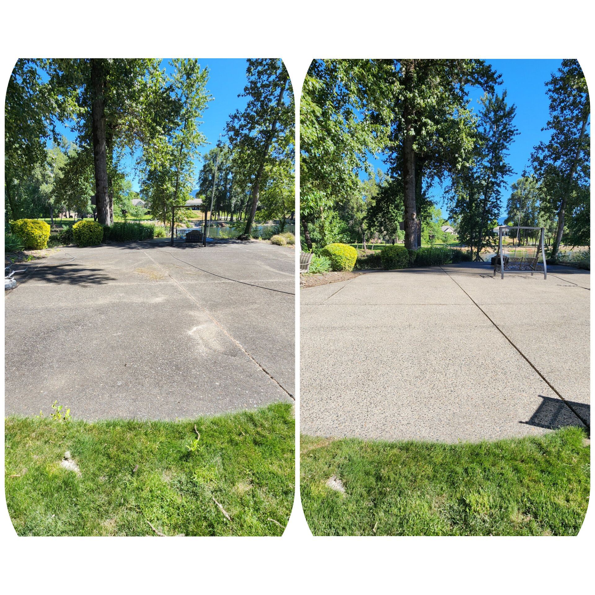 Side-by-side comparison of a concrete surface before and after cleaning, surrounded by grass, trees, and a clear blue sky.