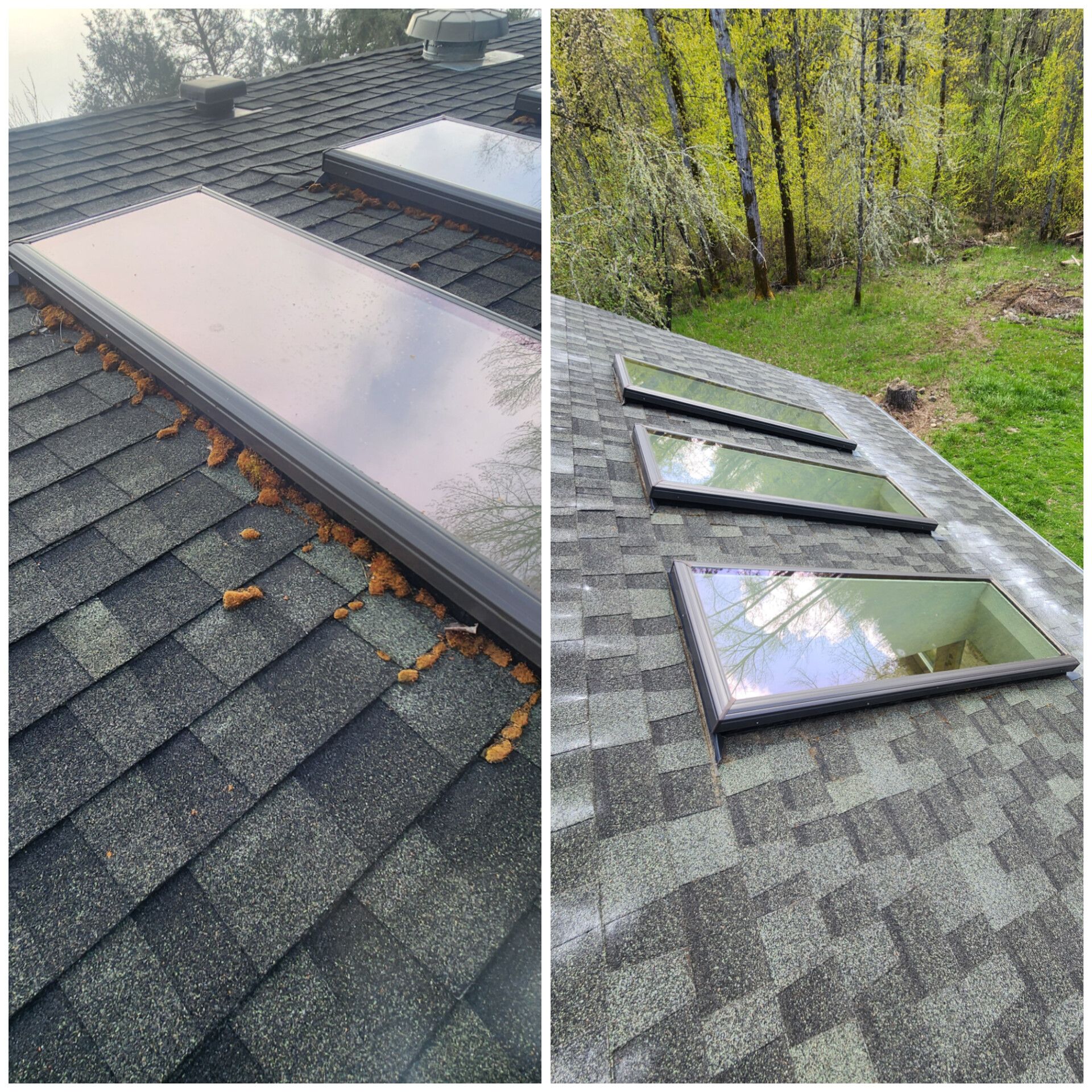 Two rooftop photos with skylights. One shows debris and the other shows clean skylights.
